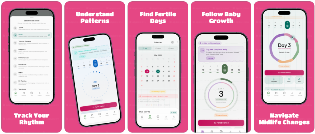 Preeo app showing health mode selection, cycle calendar, fertility tracking, pregnancy support, and perimenopause guidance across five phone screens